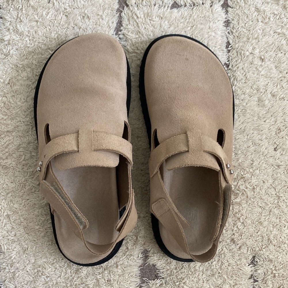 Zara Birkenstock Boston type taupe suede clog slip on shoe ankle strap